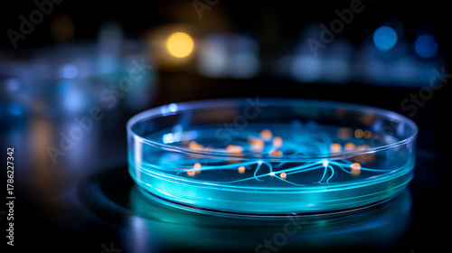 Pulsating bioluminescent waves in bacterial culture plate showing quorum sensing faceless microbial communication research defocused darkroom background bacterial social
