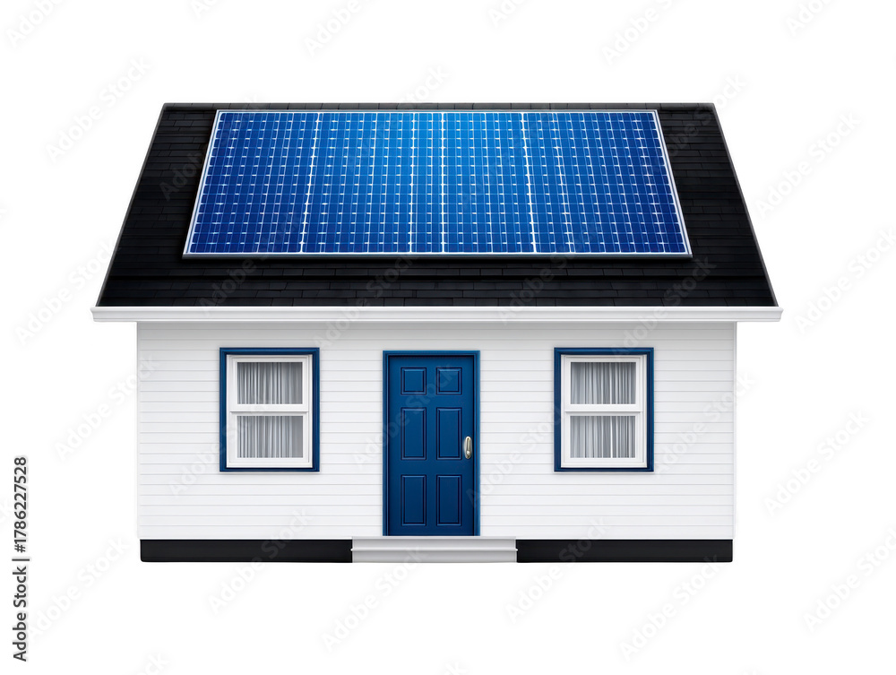Fototapeta premium Single story house with blue door and windows, white siding, and large solar panel array on black roof, representing sustainable energy and modern residential architecture