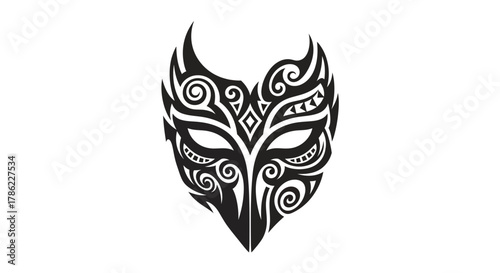 Tribal mask design featuring intricate swirls and geometric shapes on a white background