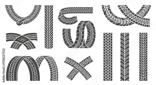 Variety of distinctive tire track designs showcasing automotive motion and direction concepts