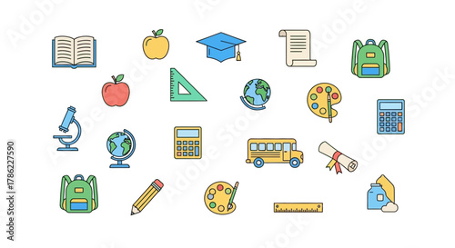 Vibrant Education Icons Showcasing Academic Tools and Resources on a White Background