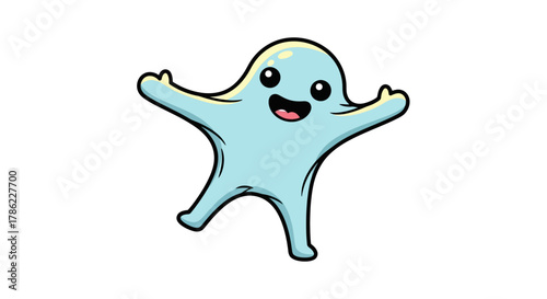 Whimsical blue blob cartoon character with cheerful expression and outstretched arms ready for hug