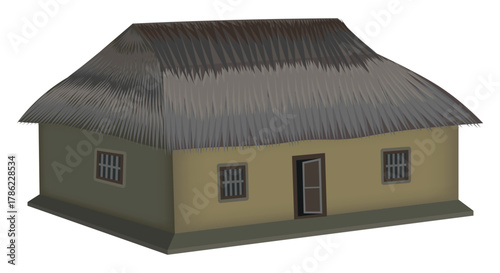 Traditional thatched rural house with mud walls, vector illustration