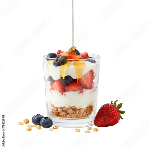 Glass bowl with parfait layers of creamy yogurt crunchy granola fresh strawberries and blueberries with golden honey drizzled on top isolated on black background studio shot