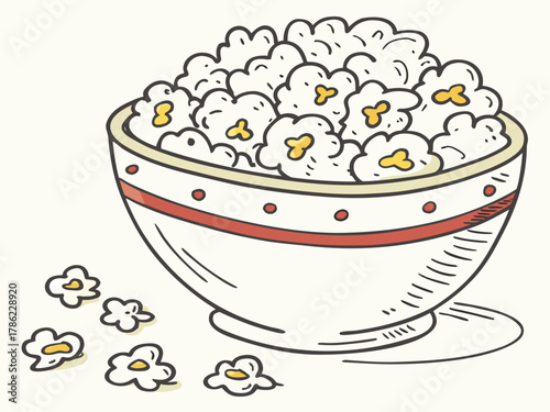 Popcorn falling out of a red-white striped bucket on a white background, cinema time, relax and wath TV