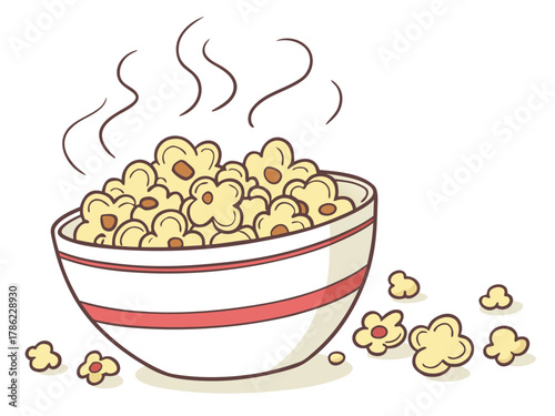 Popcorn falling out of a red-white striped bucket on a white background, cinema time, relax and wath TV