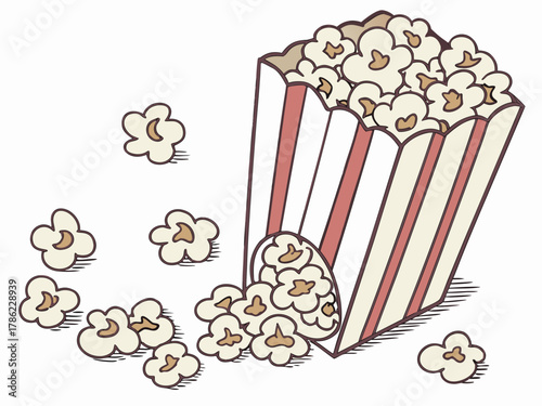 Popcorn falling out of a red-white striped bucket on a white background, cinema time, relax and wath TV