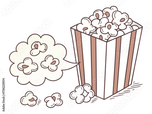 Popcorn falling out of a red-white striped bucket on a white background, cinema time, relax and wath TV