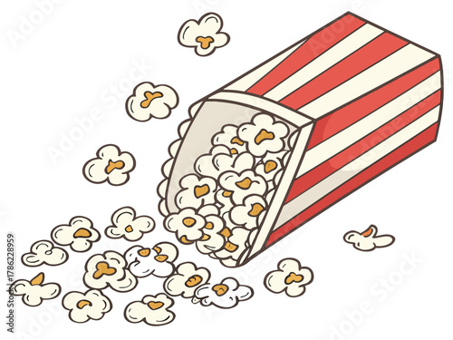 Popcorn falling out of a red-white striped bucket on a white background, cinema time, relax and wath TV