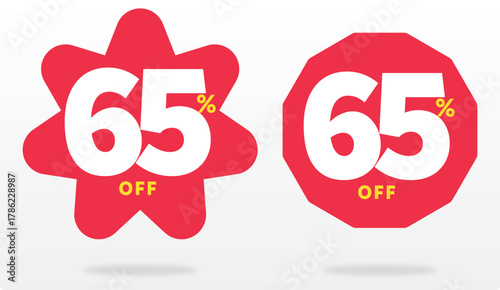 65% off, sticker, sale, value, balloon, price, liquidation, percent, offer, purchase, red, retail, shop, percent, promo, discount, payment. Icon, set, vector, market