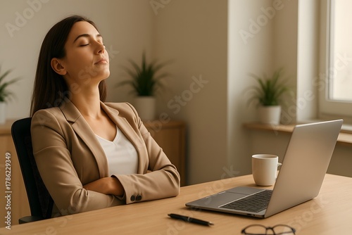 A businesswoman leaning back in office chair with eyes closed, with laptop and coffee cup