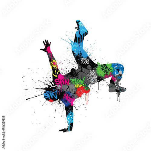 Dynamic breakdancer silhouette explodes with vibrant graffiti art and paint splatters conveying urban energy and movement