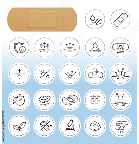 Adhesive bandage strip mockup with icon sheet. Vector Illustration on colour background. Ready and easy to use for your design. EPS10.