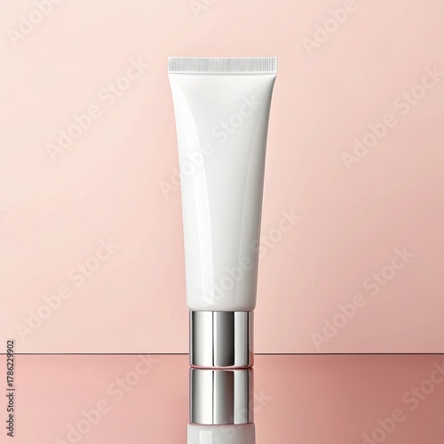 A white cosmetic cream tube with a silver cap, isolated on a pink background