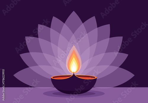 Glowing Diya Oil Lamp Illuminating a Serene Lotus Design.