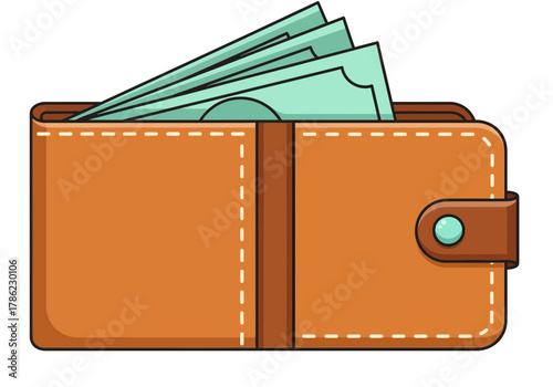 Brown leather wallet filled with green banknotes financial savings.