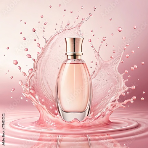 Elegant perfume bottle with a splash of pink liquid and water droplets