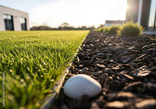 Lush green lawn bordered by dark mulch and stone in sunlight