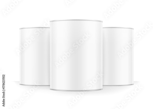 Realistic white metal buckets for paint packaging mockup. Vector illustration isolated on white background. Perfect for your design. EPS10.