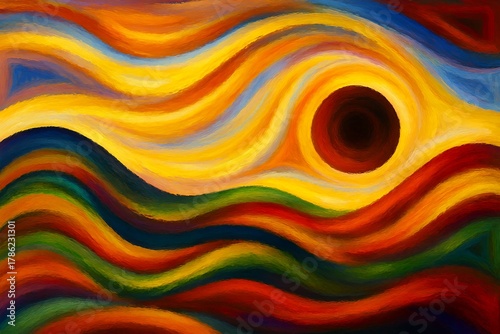 Abstract painting with flowing colorful waves and a dark central circle symbol