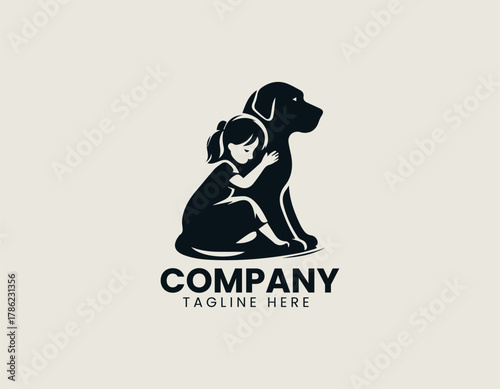 Heartwarming child and dog silhouette vector logo illustration sitting together hugging with love and loyalty. Pet care concept