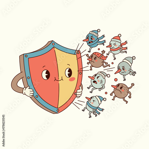 Cartoon shield protecting against winter illnesses in a fun style  