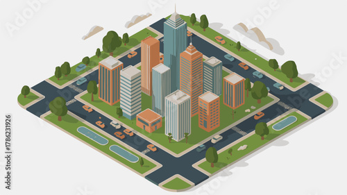 Isometric City Skyline Vector Illustration — Modern Urban Buildings and Landscape Design