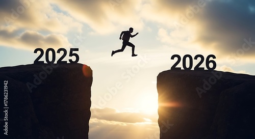 Silhouette person leaping from 2025 to 2026 across a chasm at sunset, symbolizing new year transition, future goals, and overcoming challenges