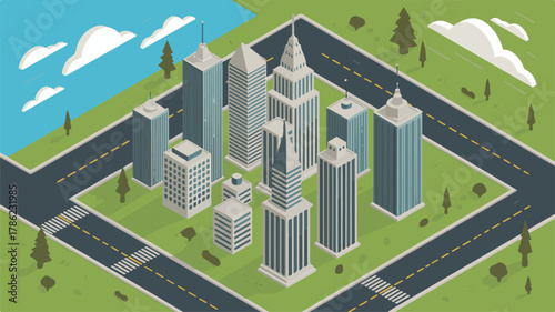 Isometric Vector Illustration of City Skyline — Modern Urban Architecture and Landscape