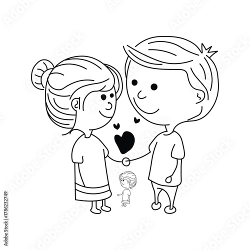 A simple, loving line art illustration of a happy couple holding hands with a heart