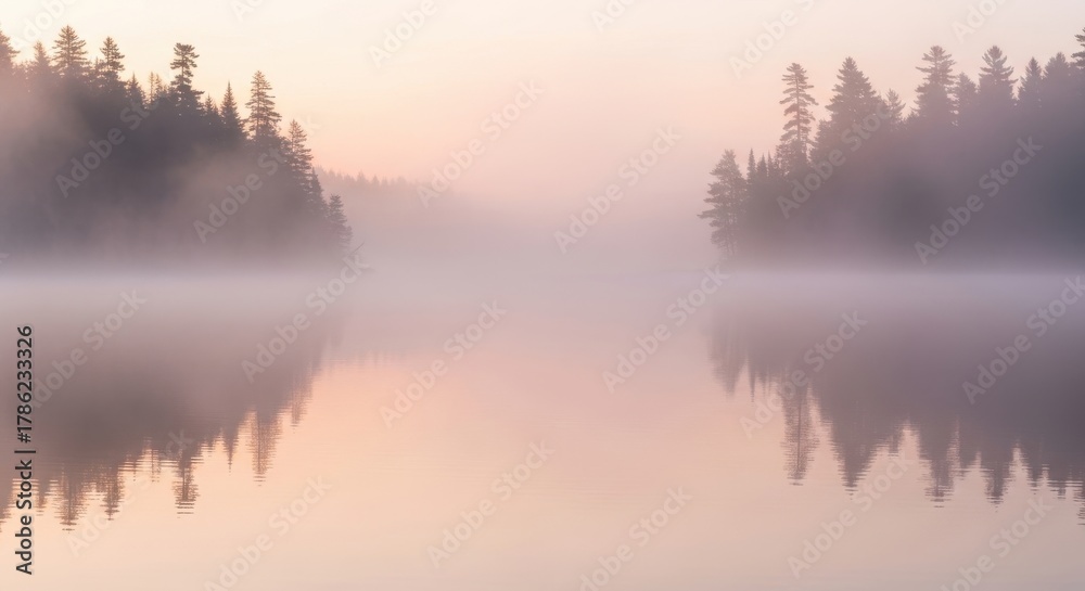 Fototapeta premium Foggy lake at sunrise tranquil scene with reflections perfect for nature and serenity concepts
