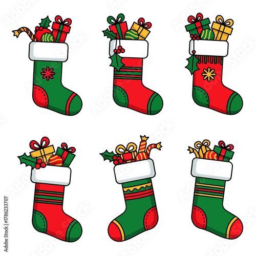 Vibrant collection of six illustrated Christmas stockings, generously filled with an array of holiday gifts and festive treats, perfect for seasonal joy and celebration
