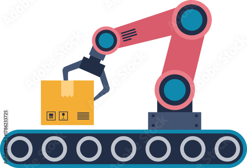 Automated industrial robot arm precisely transfers a package onto a moving production line for manufacturing.