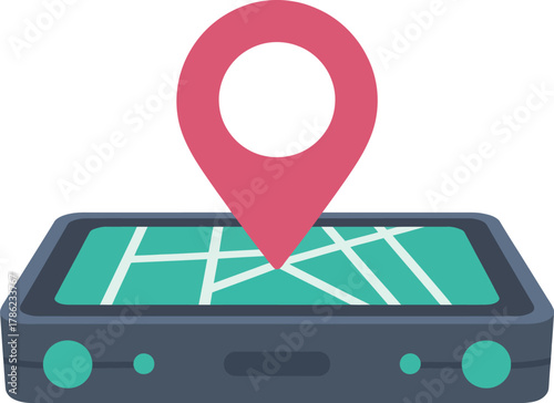 A graphic illustration depicting a smartphone screen showing a map with a prominent location pin, indicating navigation or a destination.