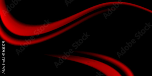 Minimalist Banner. Dark abstract background with red glowing wave lines on black,