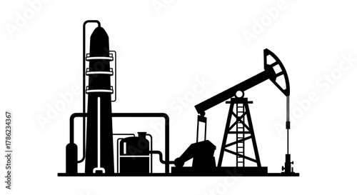 Silhouette depiction of an oil refinery and pumpjack for resource extraction operations