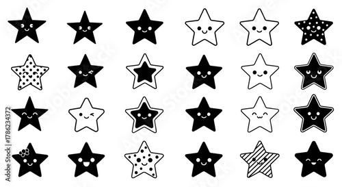 Seamless playful pattern featuring an assortment of cute star character expressions ideal for kids