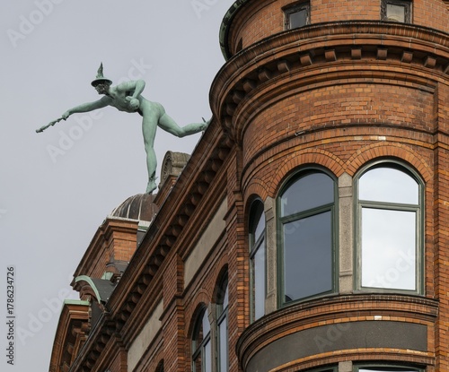 Former Varehuset department stores' Trade fairs with Hermes statue by Julius Schultz, Copenhagen, Denmark
