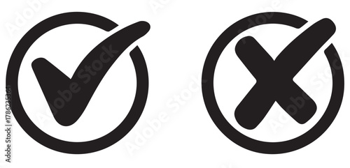 Right and wrong vector icon set rounded color black outline, flat rounded check mark, cross, x mark, circle shape thin line tick mark symbol. Approval and rejection signs isolated on white background