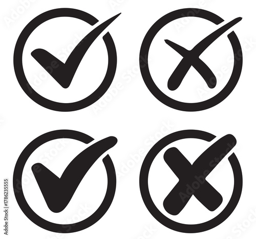Right and wrong vector icon set rounded color black outline, flat rounded check mark, cross, x mark, circle shape thin line tick mark symbol. Approval and rejection signs isolated on white background