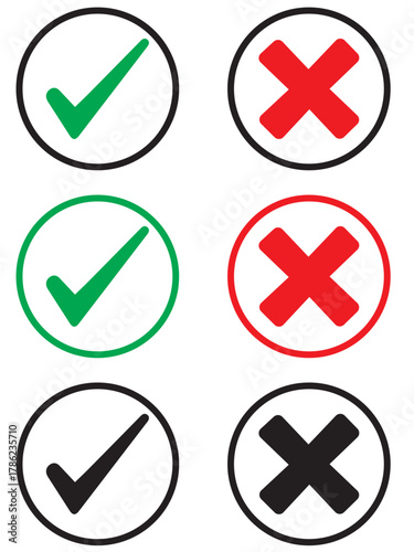 Set of tick mark in green and cross mark in red colour and stroke with white background, check and cross mark icon set. checkmark and x mark icon use for apps and website. checkmark, icon, vector