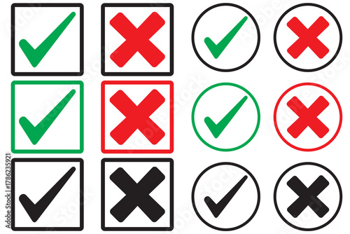 Set of tick mark in green and cross mark in red colour and stroke with white background, check and cross mark icon set. checkmark and x mark icon use for apps and website. checkmark, icon, vector