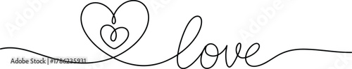 Single line drawing of heart and word love calligraphy