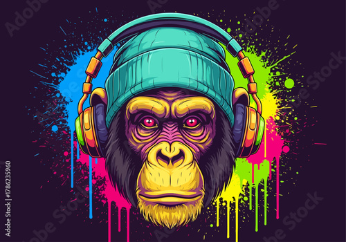 A stylish vector illustration of a cool chimpanzee wearing a beanie and headphones, set against a dynamic background of neon graffiti paint splatters