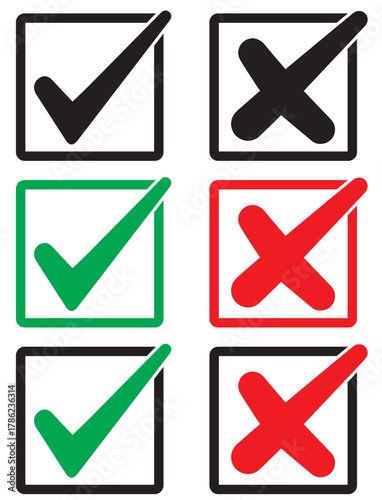Set of tick mark in green and cross mark in red colour and stroke with white background, check and cross mark icon set. checkmark and x mark icon use for apps and website. checkmark, icon, vector
