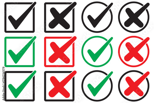 Set of tick mark in green and cross mark in red colour and stroke with white background, check and cross mark icon set. checkmark and x mark icon use for apps and website. checkmark, icon, vector