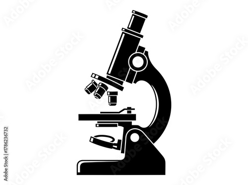 A detailed black silhouette of a scientific microscope against a clean white background, symbolizing discovery and research.