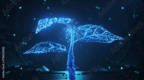 Digital Plant Growth with Blue Circuitry and Glowing Particles.
