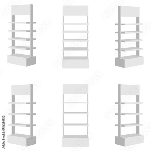 promotional display shelf stand set, no side cover vector illustration isolated on white background.