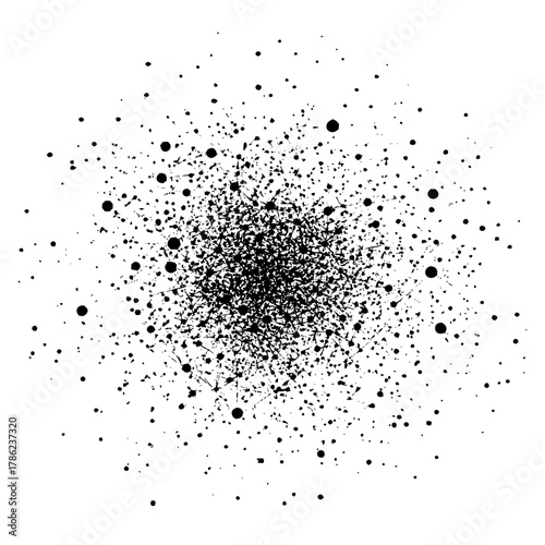 A dense cluster of black dots and lines radiating outwards on a white background creating a chaotic effect